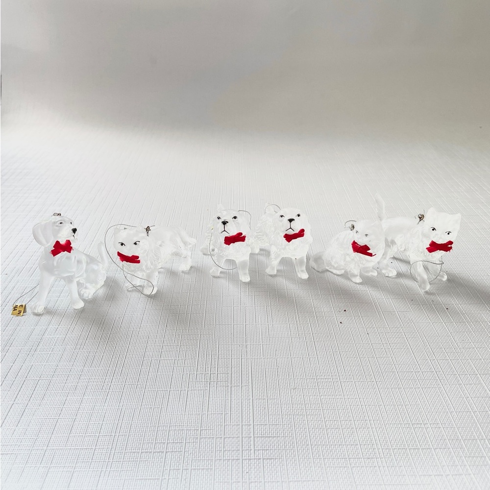 Vintage SILVESTRI Frosted Acrylic DOG CAT Christmas Ornament 6 Opaque Red Bow